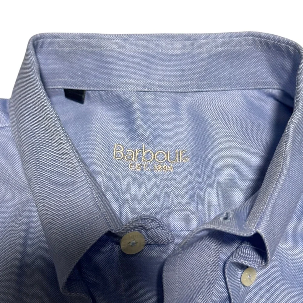 Barbour Embroidered Crest Pocket Blue Cotton Button Up Long Sleeve Men's Large‎